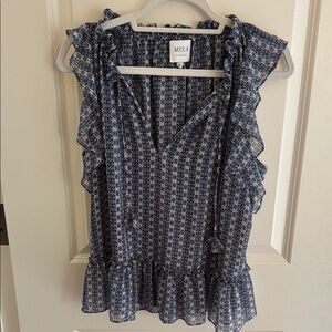 Misa Los Angeles Blue and White Ruffled Peplum Blouse